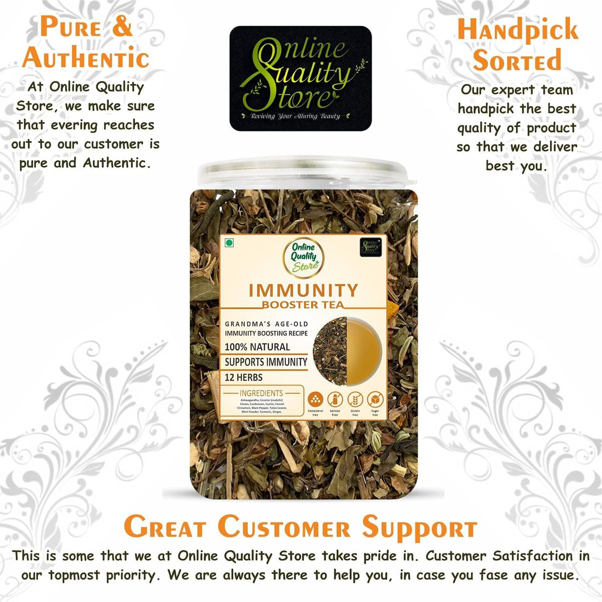 Online Quality Store Immunity Booster Tea - 100g | Blended with 12 Herbs (Ashwagandha, Licorice, Cloves, Cardamom, Cumin, Fennel, Cinnamon, Black Pepper, Tulsi Leaves, Mint Powder, Turmeric, Ginger)