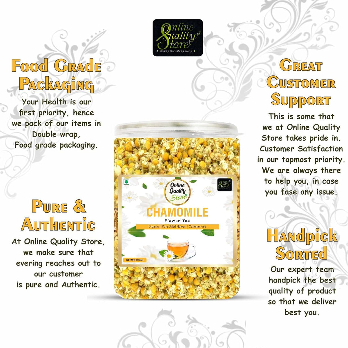 Online Quaity Store Organic Chamomile Flower Tea - 50g | Caffeine Free Herbal Tea | Sleep Tea & Stress Relief | 100% Natural Chamomile Flower Tea Leaves