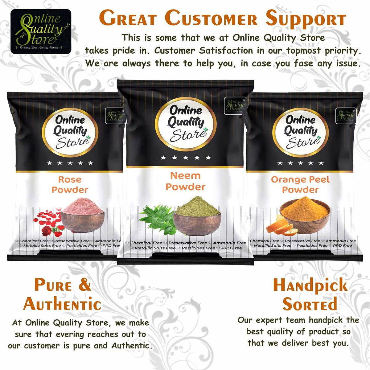 Online Quality Store Organic Neem Leaves Powder (100g) + Rose Petals Powder (100g) + Orange Peel Powder (100g), 300g