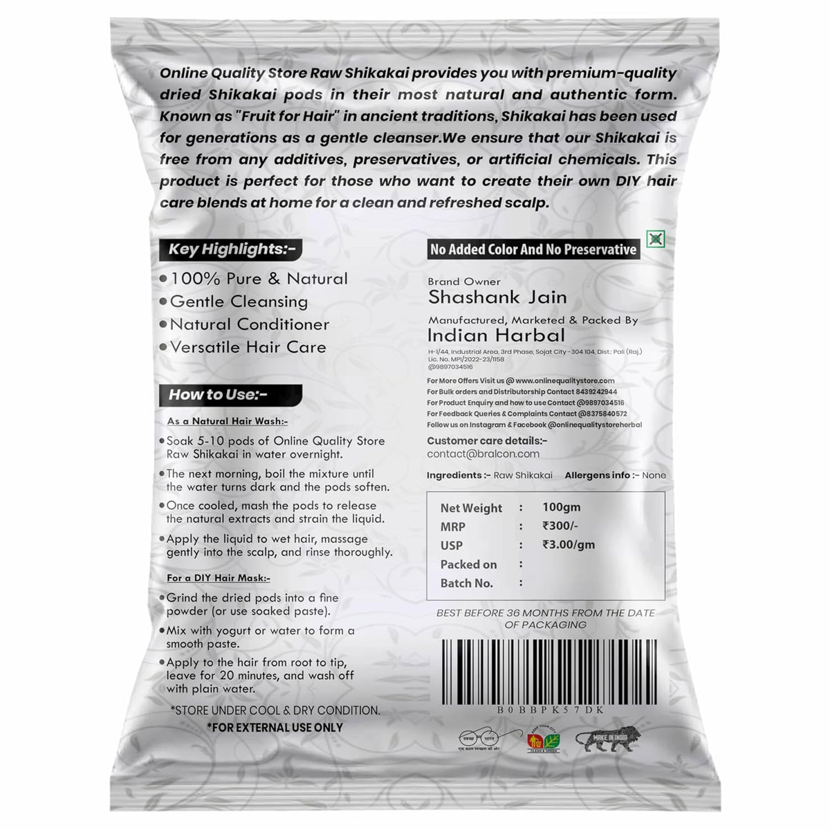 BRALCON Organic Raw Reetha, Amla, Shikakai Combo Pack- 300g(100g x 3 Pack)