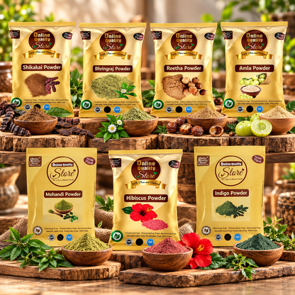 Online Quality Store Reetha (50g) + Amla (50g) + Shikakai (50g) + Bhringraj (50g) + Hibiscus (50g) + Mehandi (50g) + free Indigo (50g) Powder For Hairs, 350g