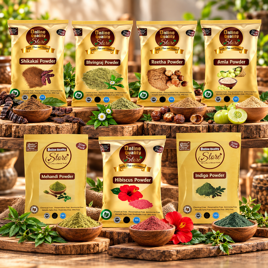 Online Quality Store Reetha (50g) + Amla (50g) + Shikakai (50g) + Bhringraj (50g) + Hibiscus (50g) + Mehandi (50g) + free Indigo (50g) Powder For Hairs, 350g