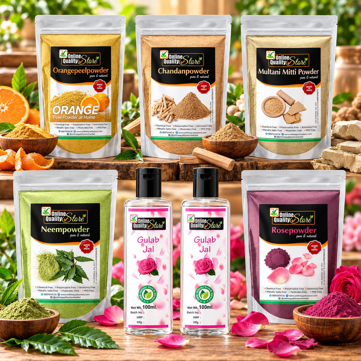 Online Quality Store multani mitti powder +Chandan Powder +Orange Peel Powder +Neem Powder +Rose Powder +free Pure Rose Water |Fuller's Earth , Bentonite Clay |sandalwood powder |santra chilka powder |face pack powder ,900g