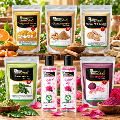 Online Quality Store multani mitti powder +Chandan Powder +Orange Peel Powder +Neem Powder +Rose Powder +free Pure Rose Water |Fuller's Earth , Bentonite Clay |sandalwood powder |santra chilka powder |face pack powder ,900g