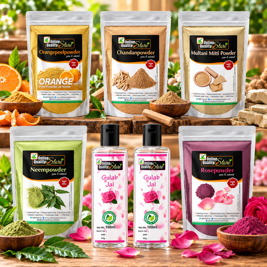 Online Quality Store multani mitti powder +Chandan Powder +Orange Peel Powder +Neem Powder +Rose Powder +free Pure Rose Water |Fuller's Earth , Bentonite Clay |sandalwood powder |santra chilka powder |face pack powder ,900g