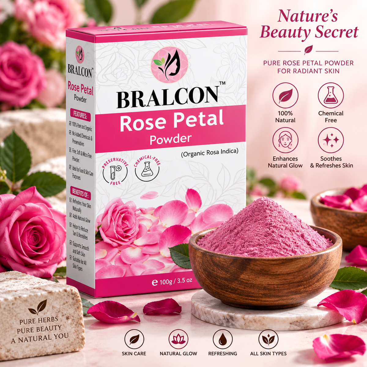 BRALCON Organic Rose Petal Powder - 100g