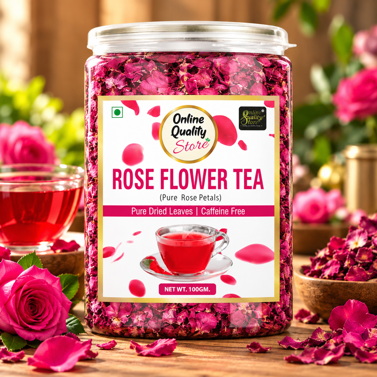 Online Quality Store Organic Rose Flower Tea - 100g | Pure Persian Rose Petals | Caffeine Free Herbal Tea | Use for Iced Tea, Cocktails | Cures Sore throat |Rose Tea |Dried Leaves Rose Herbal Tea