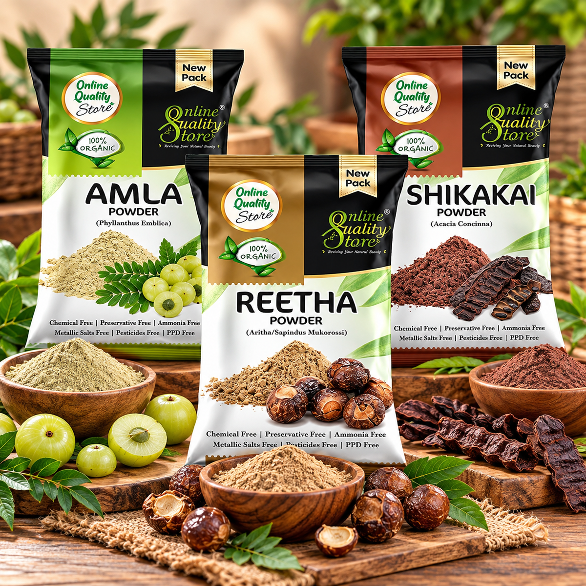 Online Quality Store Amla, Reetha, Shikakai Powder Combo powder Pack for Hair |hair pack powder combo |hair care products |reetha amla shikakai combo powder |natural products for hair |products for hair (Pack of 3 ,Total 380g Pack)