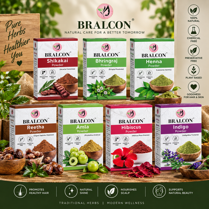 BRALCON Organic Amla Powder, Reetha Powder, Shikakai Powder, Bhringraj Powder, Hibiscus Powder, Henna Powder, Indigo Powder Combo-700g(100g x 7 Pack)
