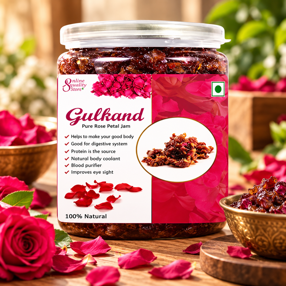 Online Quality Store Natural Gulkand (Rose Petal Jam), 400g | Sun-Cooked Damask Rose Petals & Rock Sugar |Pure gulkand Organic| Gulkand for Paan