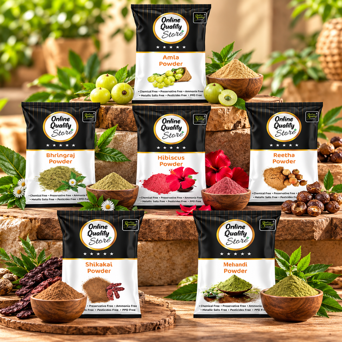 Online Quality Store Reetha (100g) + Amla (100g) + Shikakai (100g) + Bhringraj (100g) + Hibiscus (100g) + Mehandi (100g) Powder For Hairs, 600g