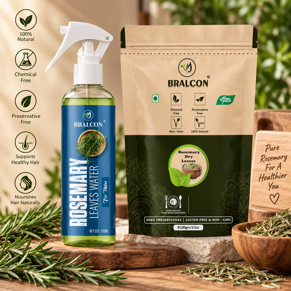 BRALCON Rosemary Leaves Water for Hair - 200ml with Rosemary Dry Leaves - 100g Combo Pack