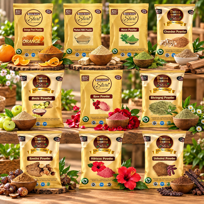 Online Quality Store Multani Mitti powder, Chandan, Orange Peel, Neem, Rose, Amla, Reetha, Shikakai, Bhringraj, Hibiscus powder |face pack,hair pack |organic powder for face,hairs(40g each)combo Pack of 400g