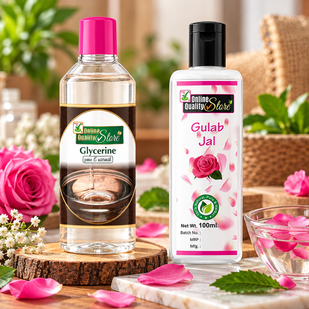 Online Quality Store Pure Rose Water Gulab Jal Natural (100Ml) + Glycerin (200g) For Beauty & Skin Care Combo Pack, 300g