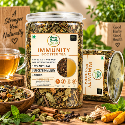 Online Quality Store Immunity Booster Tea - 100g | Blended with 12 Herbs (Ashwagandha, Licorice, Cloves, Cardamom, Cumin, Fennel, Cinnamon, Black Pepper, Tulsi Leaves, Mint Powder, Turmeric, Ginger)