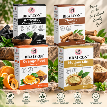 BRALCON Activated Charcoal, Chandan, Orange, Multani Mitti Powder Combo-400g(100g x 4 Pack)
