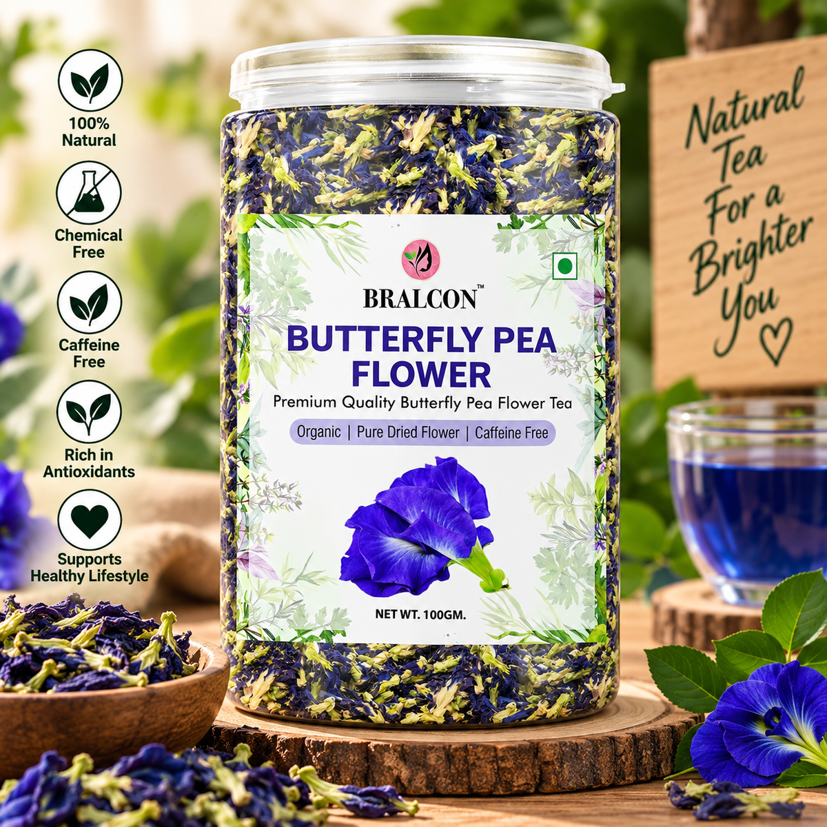 BRALCON Butterfly Pea Flower Tea- 100g | 100% Natural Herbal Leaves | Whole Leaf | Steep as Hot or Iced Tea