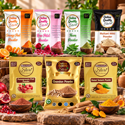 Online Quality Store face pack for glowing skin and pimples combo pack of :-( Multani Mitti 100g,Chandan Powder 50g,Orange Peel Powder 50g, Neem Powder 50g and Rose Powder 50g,kasturi turmeric 50 gm,pomegranate powder 50 gm , 400g