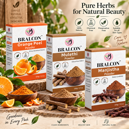 BRALCON Orange, Mulethi, Manjistha Powder Combo -300g(100g x 3 Pack) for Face Masks, Glowing skin, Hair