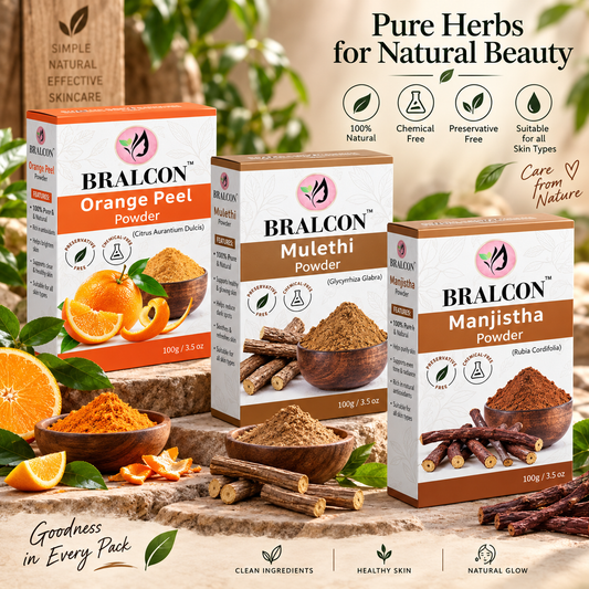BRALCON Orange, Mulethi, Manjistha Powder Combo -300g(100g x 3 Pack) for Face Masks, Glowing skin, Hair