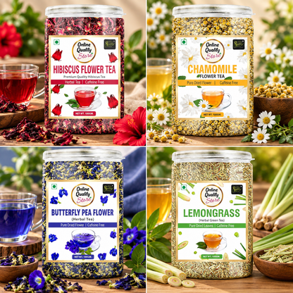 Online Quality Store Hibiscus Flower Tea, Butterfly Pea Tea, Chamomile Tea, Lemongrass Tea-100g Each