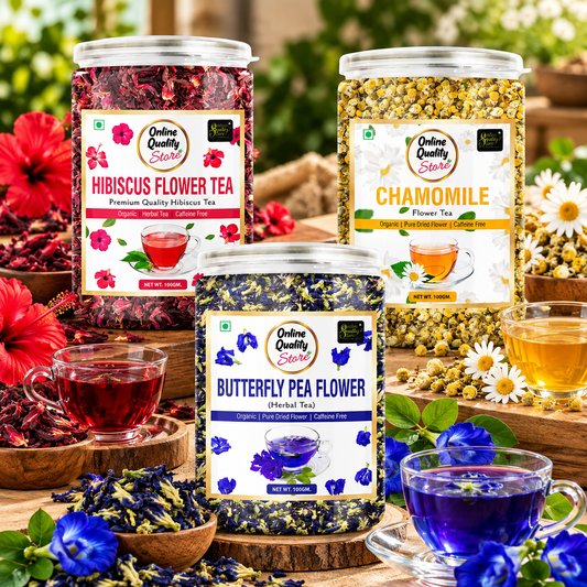 Online Quality Store Combo of Butterfly Pea Tea, Hibiscus Flower Tea, Chamomile Flower Tea -100g Each