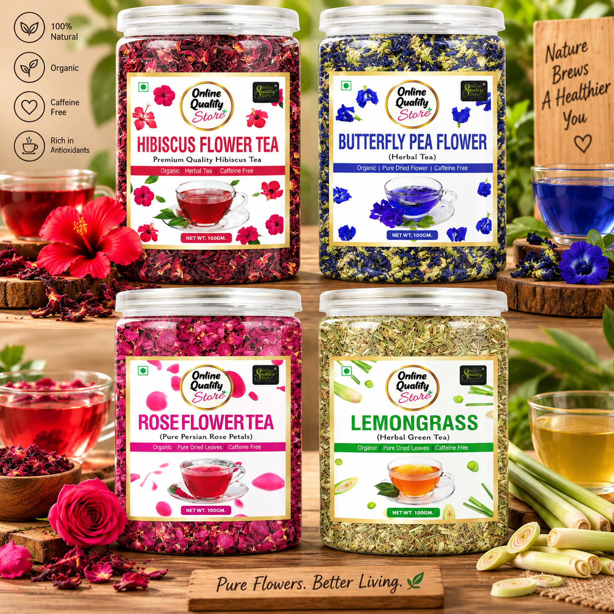 Online Quality Store Organic Hibiscus Flower Tea, Butterfly Pea Flower Tea, Rose Flower Tea, Lemongrass Tea Combo-400g(100g x 4 Pack)|Caffeine Free Herbal Tea|Premium Hibiscus Tea|Rose Tea|Antioxidant