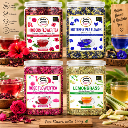 Online Quality Store Organic Hibiscus Flower Tea, Butterfly Pea Flower Tea, Rose Flower Tea, Lemongrass Tea Combo-400g(100g x 4 Pack)|Caffeine Free Herbal Tea|Premium Hibiscus Tea|Rose Tea|Antioxidant