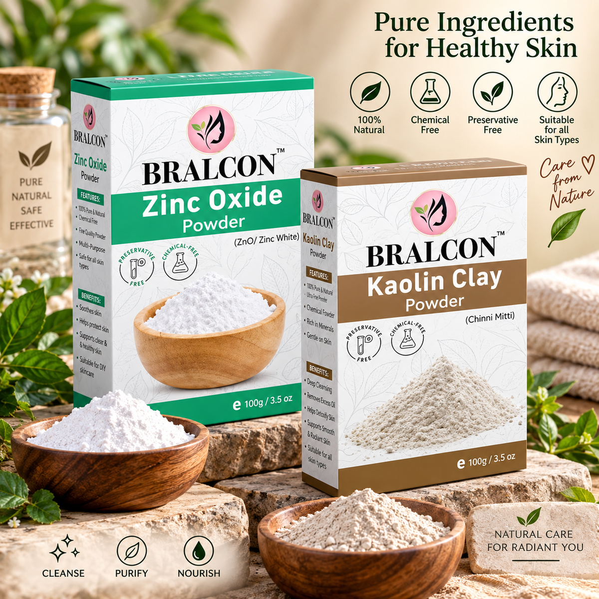 BRALCON Kaolin Clay Powder, Zinc Oxide Powder non nano Combo - 200g(100g x 2 Pack)