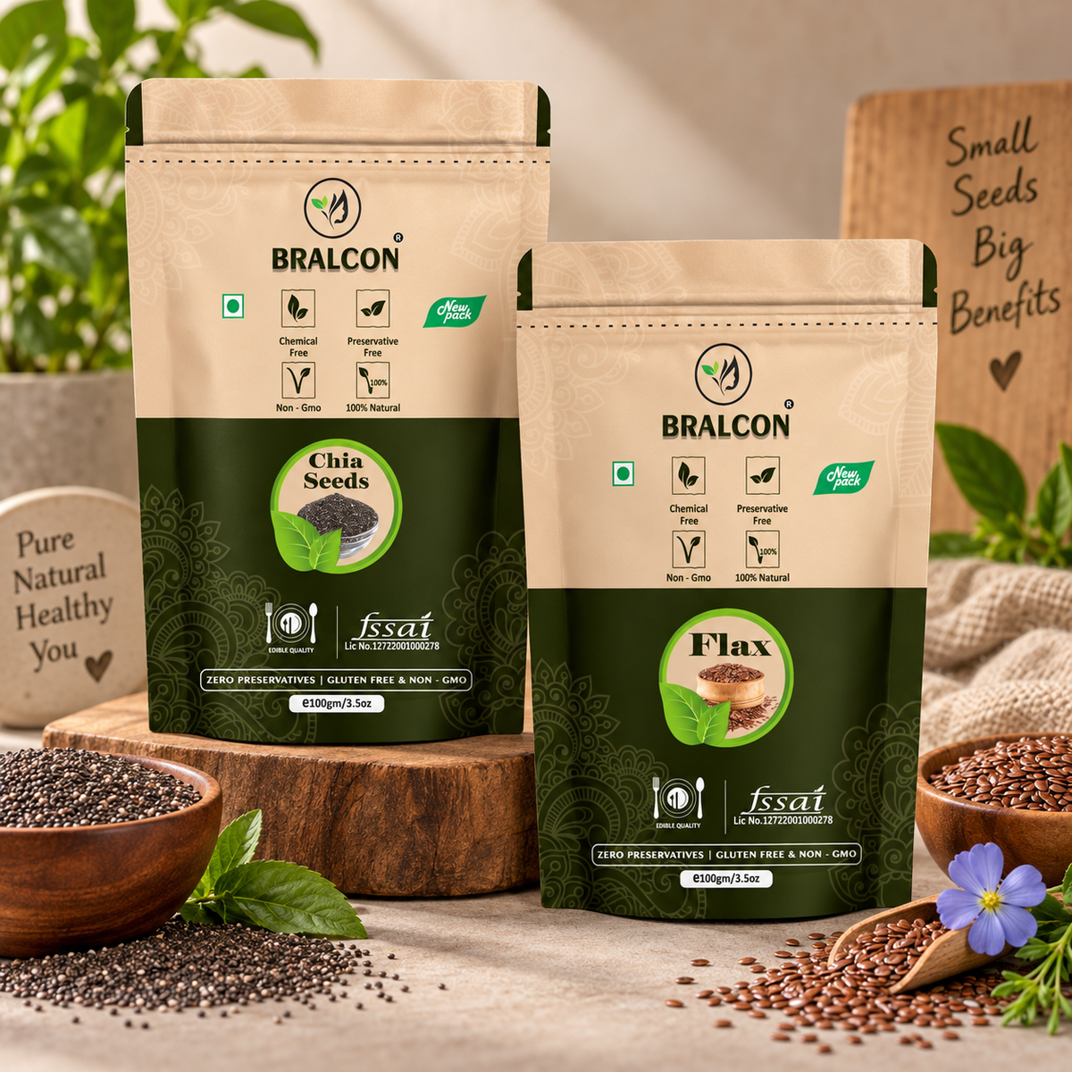 BRALCON Raw Organic Seeds Combo (Flax Seeds -100g, Chia Seeds -100g)