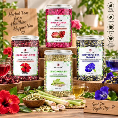 BRALCON Organic Herbal Tea Combo Pack- Hibiscus Flower Tea, Butterfly Pea Flower Tea, Rose Flower Tea, Lemongrass Tea- 400g(100g x 4)