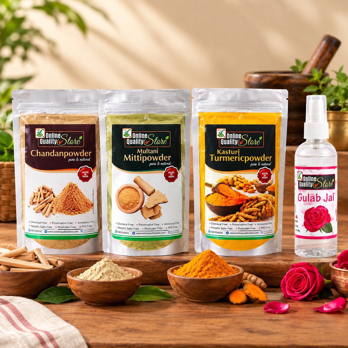 Online Quality Store Herbal Multani Mitti (200g) + Kasturi Turmeric Powder For Face (50g) + Sandalwood Powder Pure Organic For Skin Whitening (50g) + FREE Pure Rose Water (100ml), Combo Pack, 400g