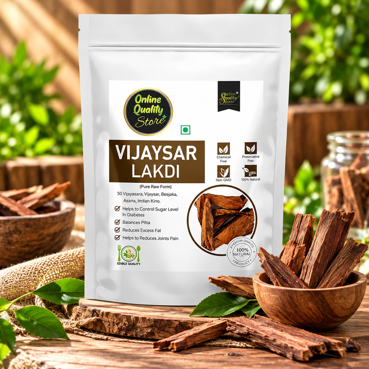 Online Quality Store Vijaysar Lakdi- 100g|Vijaysar Bark/Chaal|Indian Kino|Pterocarpus Marsupium Bark