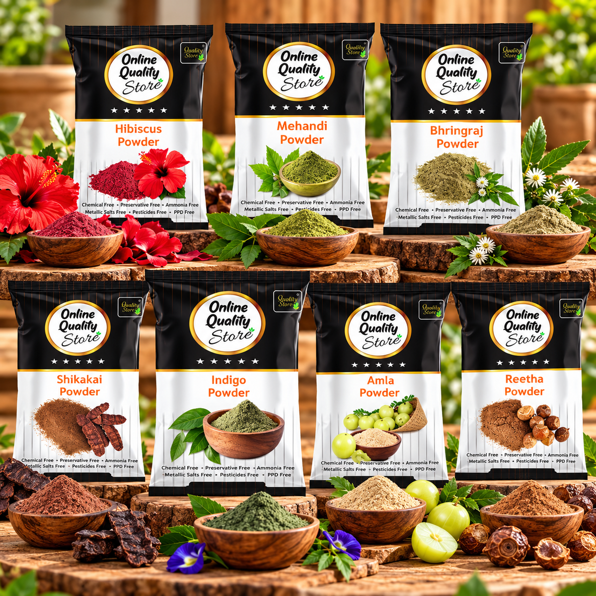 Online Quality Store Reetha (100g) + Amla (100g) + Shikakai (100g) + Bhringraj (100g) + Hibiscus (100g) + Mehandi (100g) + FREE Indigo (100g) Powder For Hairs, 700g