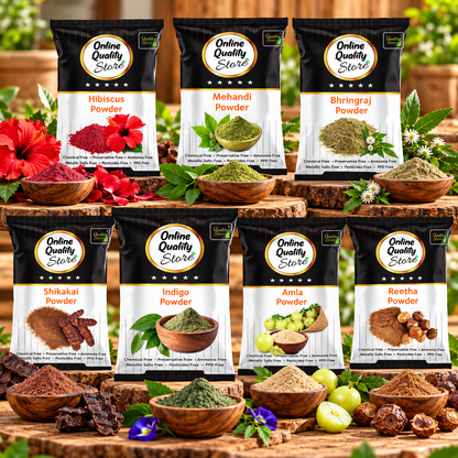 Online Quality Store Reetha (100g) + Amla (100g) + Shikakai (100g) + Bhringraj (100g) + Hibiscus (100g) + Mehandi (100g) + FREE Indigo (100g) Powder For Hairs, 700g