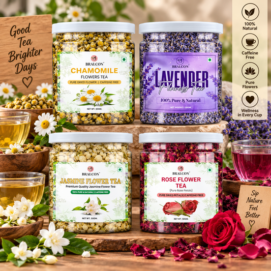 BRALCON Herbal Flower Tea Combo, Chamomile, Lavender, Jasmine, Rose, Caffeine Free, Pure Dried Flowers, 50g Each, 4 Pack