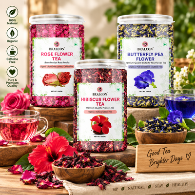 BRALCON Organic Herbal Tea Combo Pack- Hibiscus Flower Tea, Butterfly Pea Flower Tea, Rose Flower Tea- 300g(100g x 3 Pack)