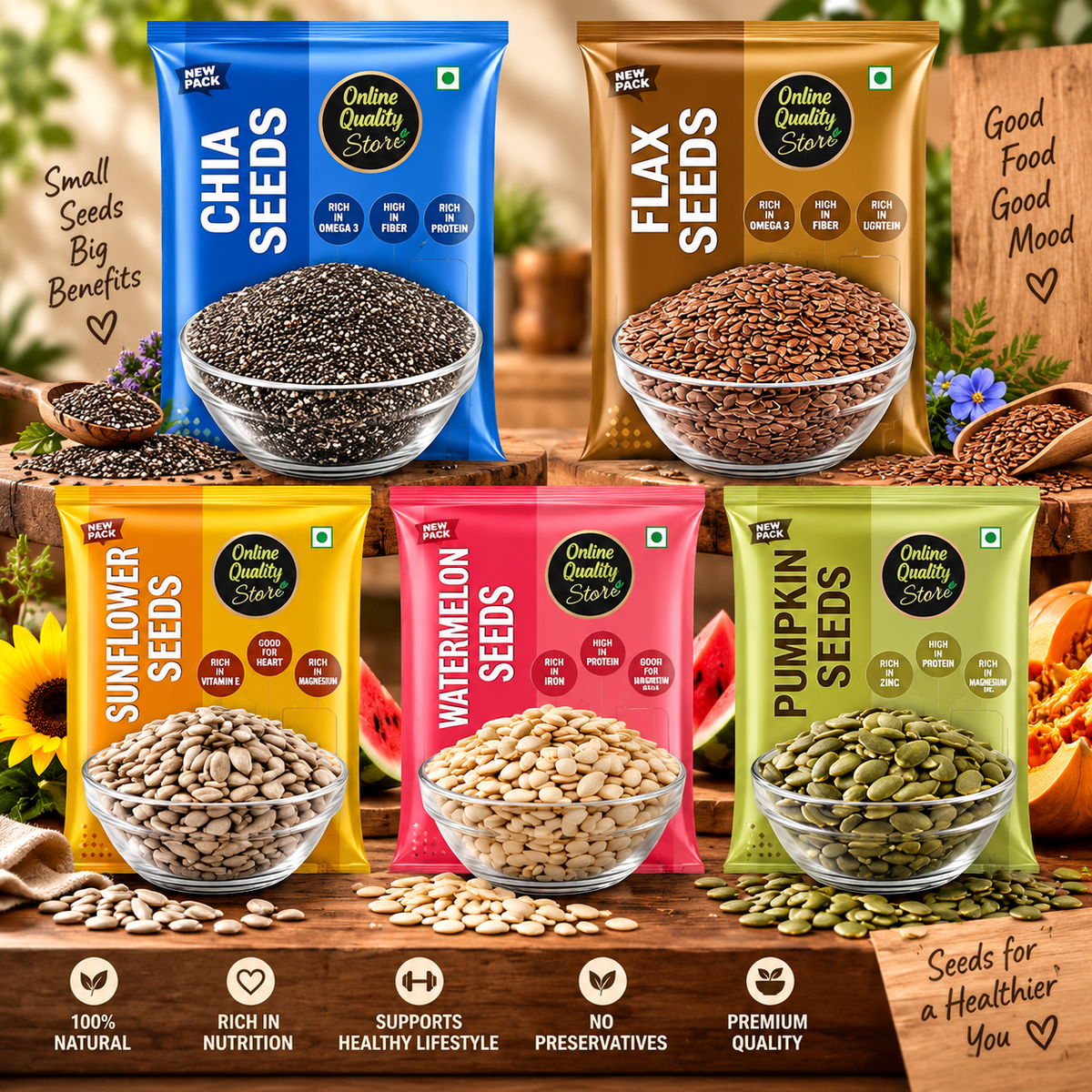 Online Quality Store Organic Combo of Chia, Watermelon, Pumpkin,Sunflower,Flax Seeds-500gm(100gm x 5)