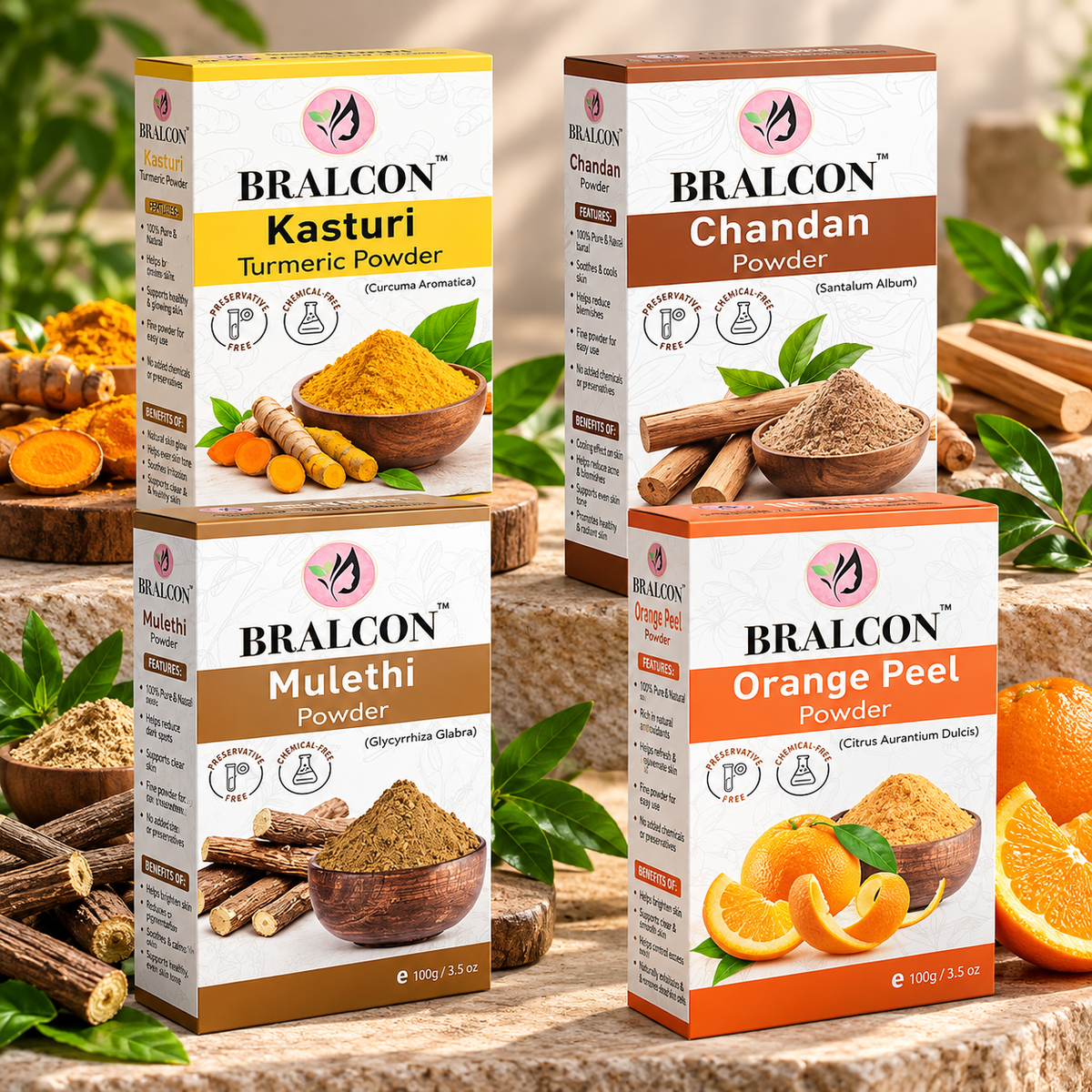 BRALCON Kasturi Haldi, Chandan, Orange, Mulethi Powder Combo-400g(100g x 4 Pack)