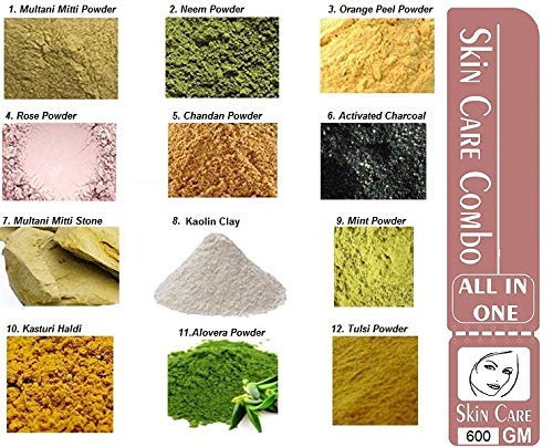 Online Quality Store Combo of 12 Skin Care Products ,(Multani Mitti, Neem, Orange Peel, Rose, Chandan, Charcoal, Mitti Stone, Kaolin Clay, Mint, Haldi,Alovera, Tulsi Powders) |skin care products combo,(Pack of 12 ,50g each ,Total 600 Pack)