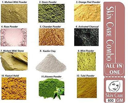 Online Quality Store Combo of 12 Skin Care Products ,(Multani Mitti, Neem, Orange Peel, Rose, Chandan, Charcoal, Mitti Stone, Kaolin Clay, Mint, Haldi,Alovera, Tulsi Powders) |skin care products combo,(Pack of 12 ,50g each ,Total 600 Pack)