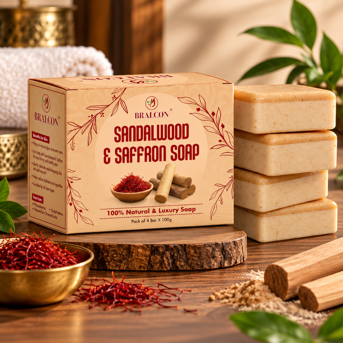 Sandalwood and Saffron Natural Luxury Soap, 100g Bars, Pack of 4, 100% Natural Ingredients