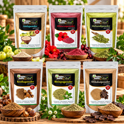 Online Quality Store amla,reetha,shikakai,bhringraj and hibiscus heena powder for hair |Aritha|Reetha|Ritha|Soapnuts (Sapindus Mukorossi) |Indian Gooseberry |mehendi powder natural |hair pack powder |hair pack powder |,900g