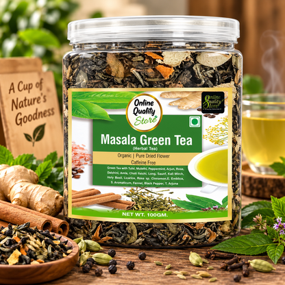 Online Quality Store Organic Masala Green Tea - 100g | Blended with Green Tea & Ayurvedic Herbs | Herbal Green Tea Leaves | Whole Green Tea Leaf