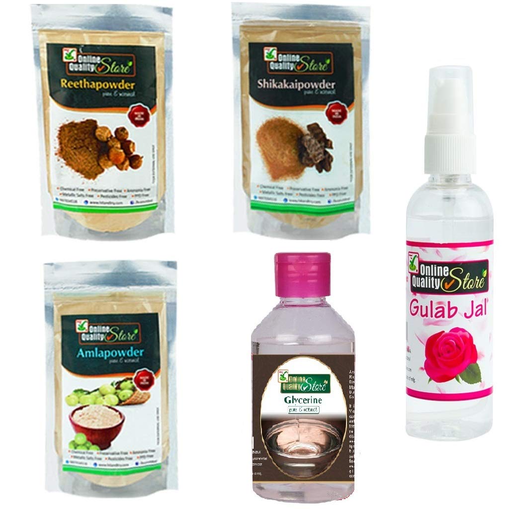 Online Quality Store Reetha (150g) + Shikakai (150g) + Amla (150g) Powders For Hair + Glycerin (200g) For Beauty & Skin Care + Pure Rose Water Gulab Jal Natural (200ml) Combo Pack, 850g