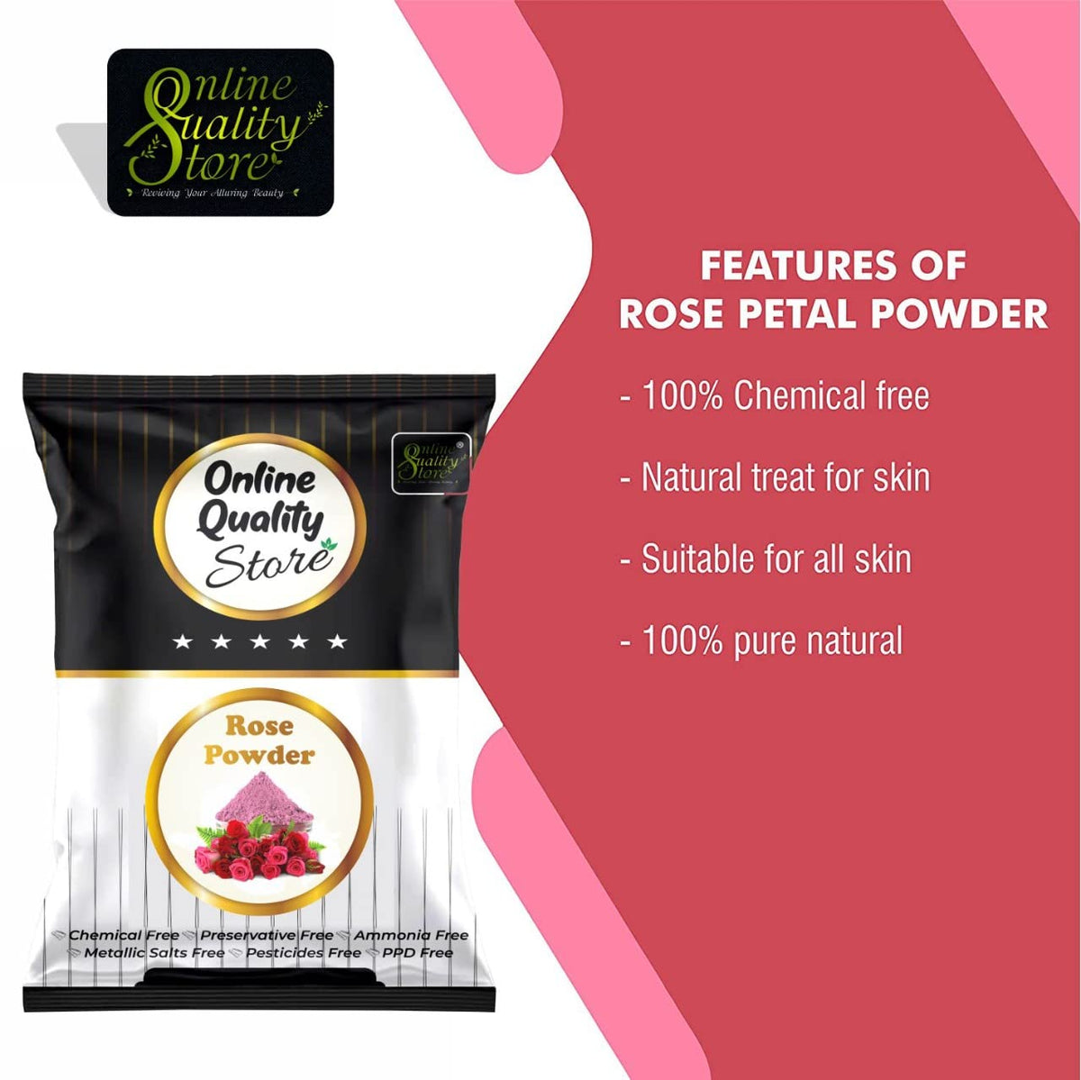 Online Quality Store Organic Rose Petal Powder - 100g |100% Pure & Natural Rose Powder for Tanning & Glowing Skin|Rosa indica for Facial & Skin Care|Skin Whitening Face Pack|Face Mask