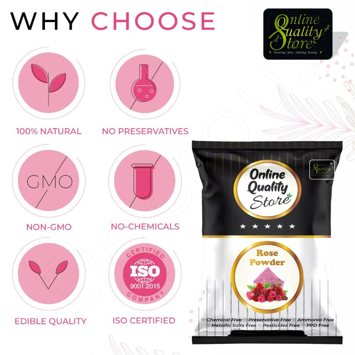 Online Quality Store Organic Rose Petal Powder - 100g |100% Pure & Natural Rose Powder for Tanning & Glowing Skin|Rosa indica for Facial & Skin Care|Skin Whitening Face Pack|Face Mask