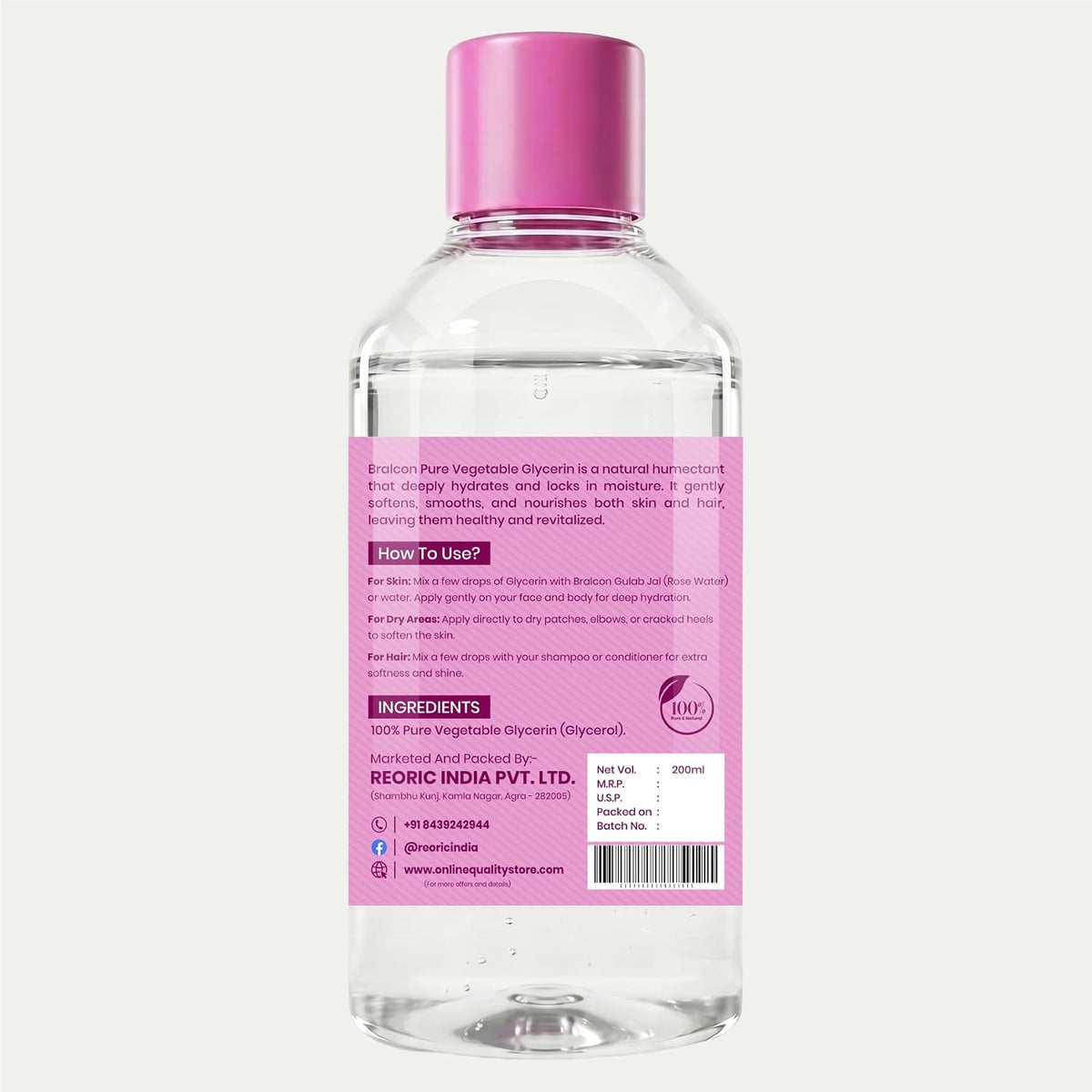 BRALCON Pure & Natural Liquid Glycerin for Skin, 200ml