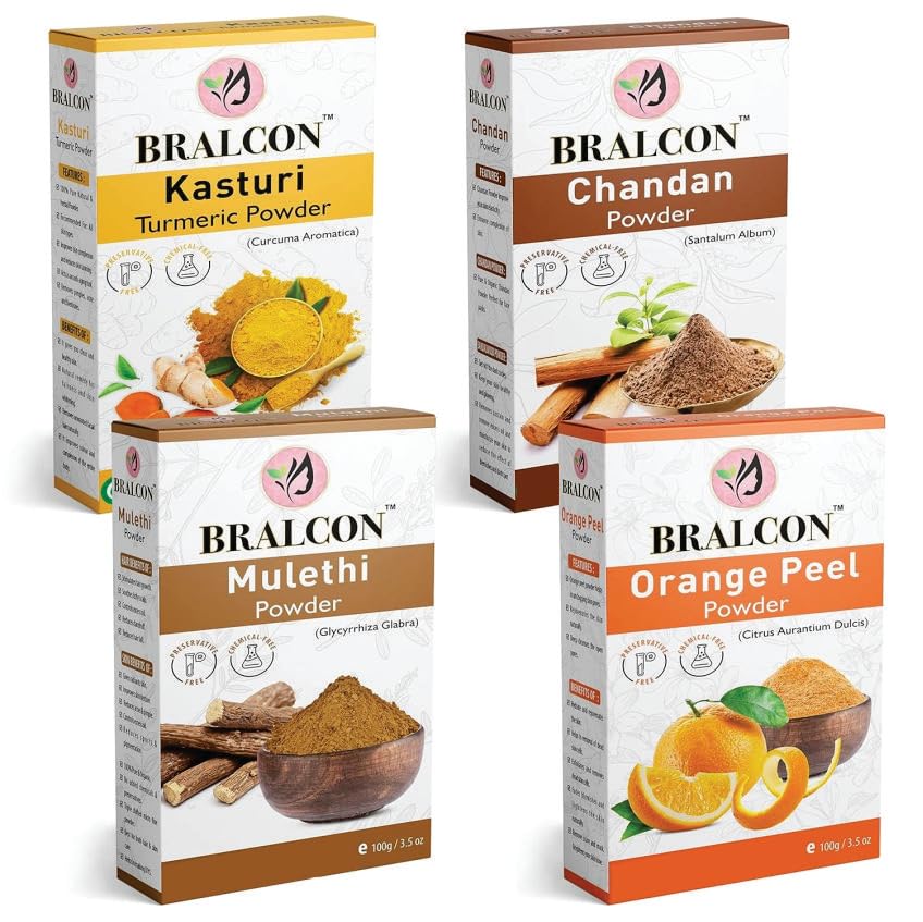 BRALCON Kasturi Haldi, Chandan, Orange, Mulethi Powder Combo-400g(100g x 4 Pack)