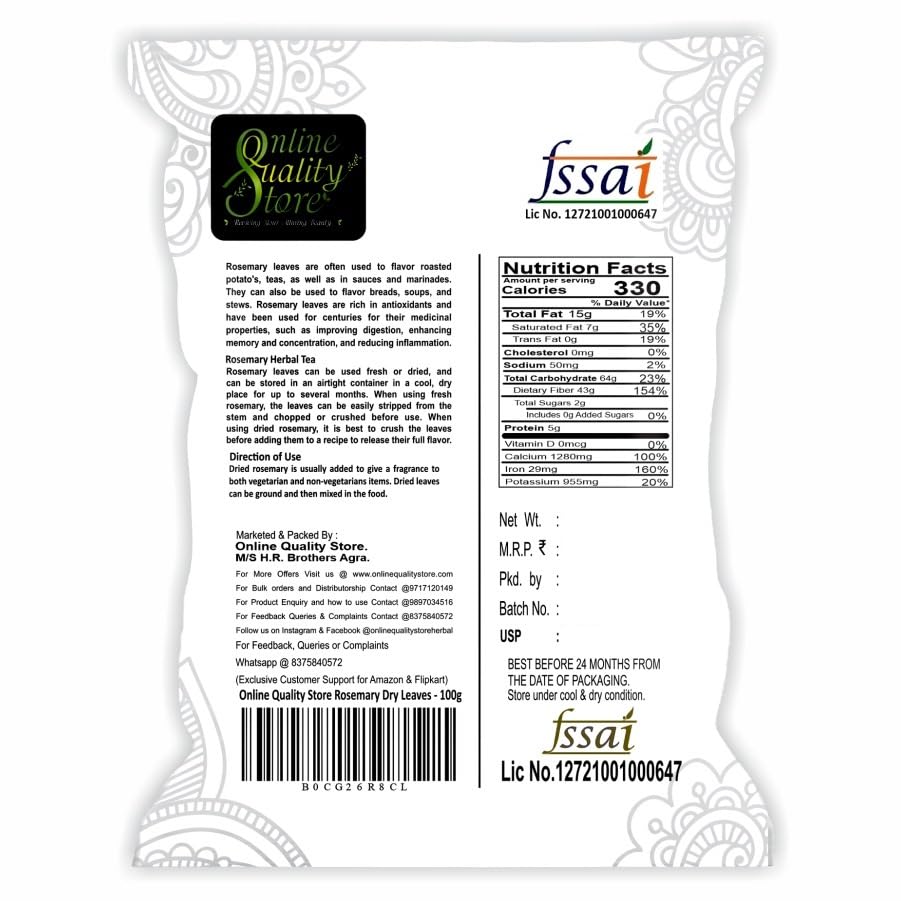 Online Quality Store Rosemary Dry Leaves - 100g |Rosemary Dried Leaf/Rosemary For Foods & Hair/Rosemary Herb Tea | Organic | Natural